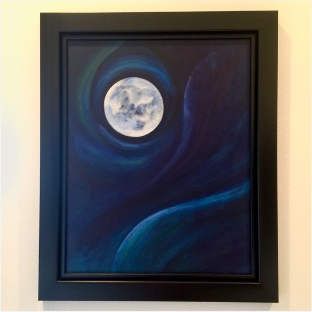 Pisces Moon original acrylic painting on wood - framed